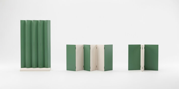 Three green and cream folding room dividers or screens on a plain white background