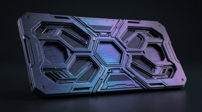 Futuristic hexagonal patterned device with glowing blue and purple lighting on dark background