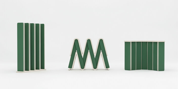 Three green and cream folding room dividers or screens on a plain white background