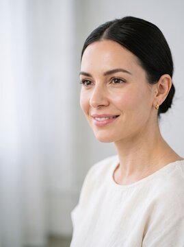 Smiling woman looking ahead in close-up portrait. Female face and natural beauty. Confidence, wellness and self-care concept. Clean studio headshot with copy space. Personal wellness.