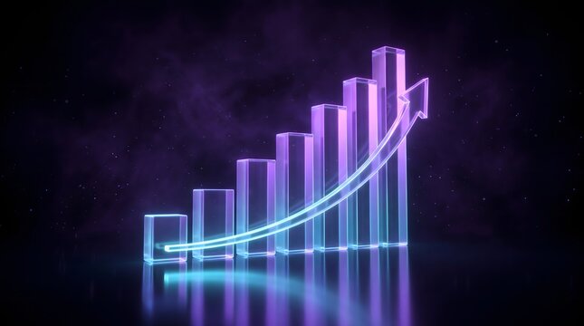 Glowing glass bar chart with rising arrow showing business growth