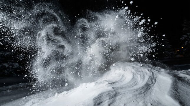 Explosion of white snow powder against a dark night background with dynamic patterns of the flakes.