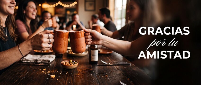 Friends toasting clay mugs drink at rustic dinner table with Spanish text Gracias por tu amistad, celebrating true friendship, gratitude, happy hour gathering, indoor social lifestyle togetherness