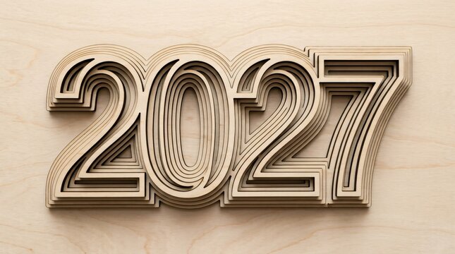 3D layered kraft paper number 2027. Beige wooden vector digits for new year, calendar template with copy space