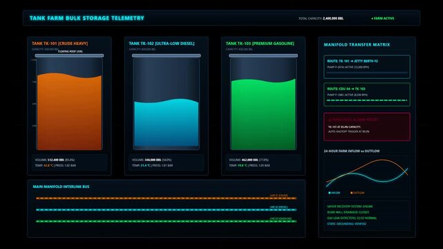 Industrial Tank Farm Storage Telemetry Dashboard Monitoring System Digital User Interface Display