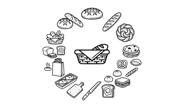 Bakery Bread Line Icon Collection Featuring Diverse Loaves Toast Rolls Baguettes and Fresh Food Symbols