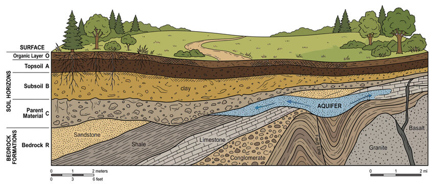 Cross-section of Earth showing soil layers and aquifer