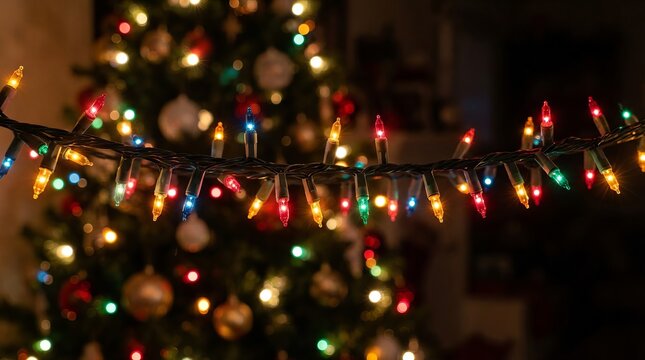 Close Up View of Colorful Decorative String Lights Hanging in Front of Blurred Christmas Tree Back