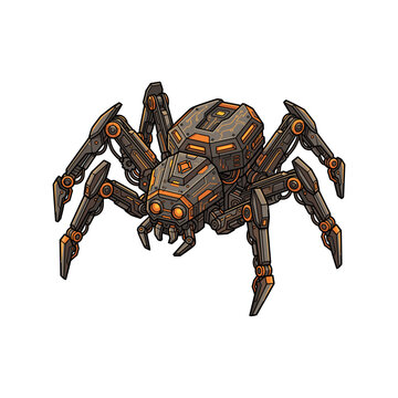Futuristic robotic spider mecha illustration isolated on white background - Sci-Fi mechanical arachnid with glowing orange details