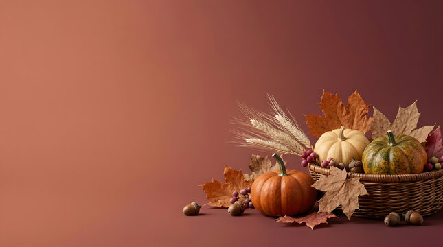 Autumn harvest composition with pumpkins, wheat, and colorful fall leaves in a wicker basket