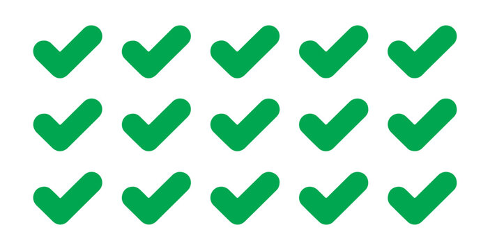 Green check mark icons collection with simple flat design for task completion and validation process.