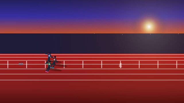 Sprinters launch from the starting blocks