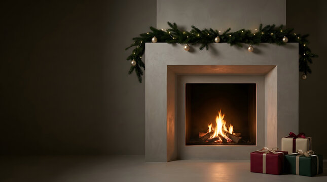 Cozy christmas fireplace with festive garland and gift boxes in a modern minimalist interior