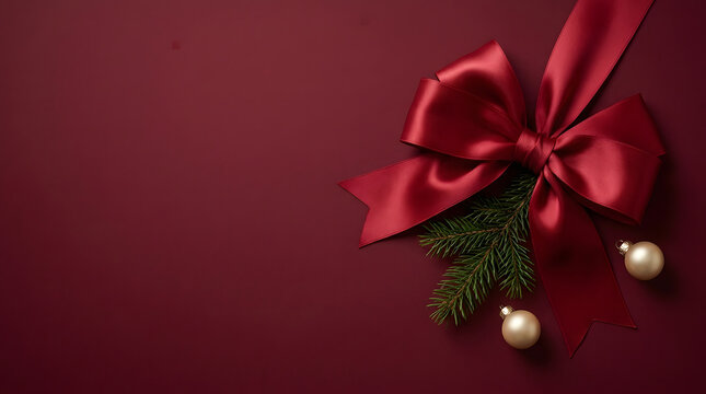 Elegant red satin ribbon bow with pine branch and gold ornaments on dark red background