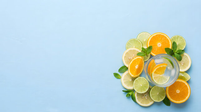 Refreshing citrus water with orange and lime slices and fresh mint leaves on a blue background