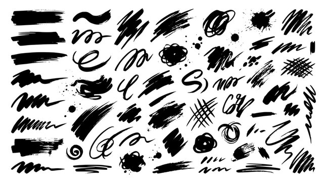 a flat vector illustration of black grunge brush strokes ink splatters and hand drawn scribbles