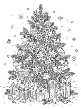 a detailed black and white line art coloring page illustration of a decorated christmas tree
