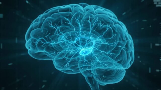 Futuristic 3D hologram of a human brain scan glowing blue on a digital interface medical technology concept