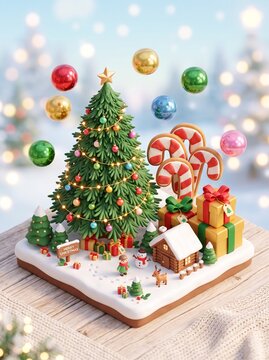 a 3D miniature diorama of a decorated christmas tree gifts candy canes and floating ornaments