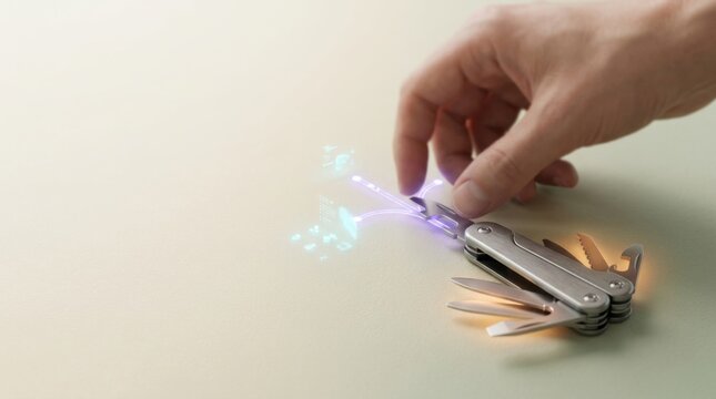 Individual using a multifunction pocket tool to cut a piece of material with a brushed titanium body for versatility