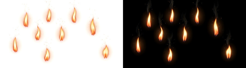 Fire small candle flames with glowing orange light and floating sparks for atmospheric overlays in PNG, Transparent and Black Background Versions © Tanay