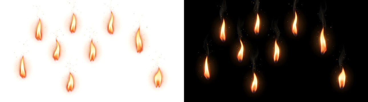 Fire small candle flames with glowing orange light and floating sparks for atmospheric overlays in PNG, Transparent and Black Background Versions