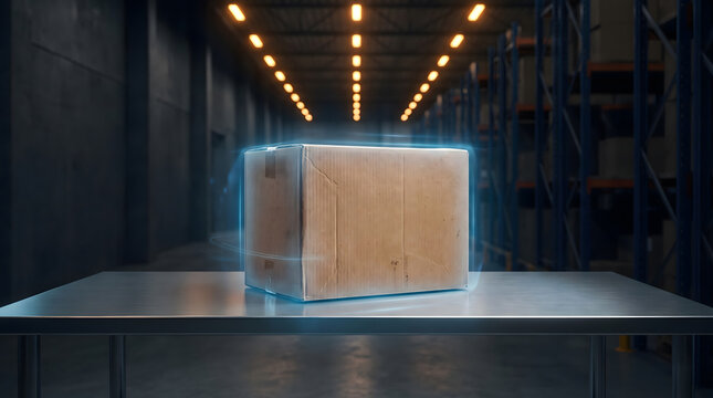 A cardboard shipping box with a glowing digital scan effect on a metallic table inside a modern warehouse.