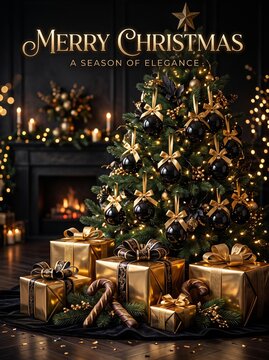 an elegant dark and gold decorated christmas tree with wrapped gifts and merry christmas text