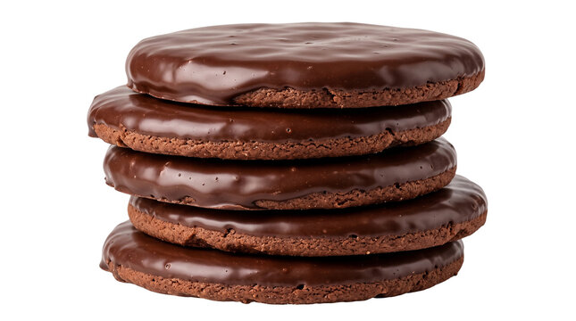 A stacked pile of delicious chocolate covered cookies isolated on transparent background