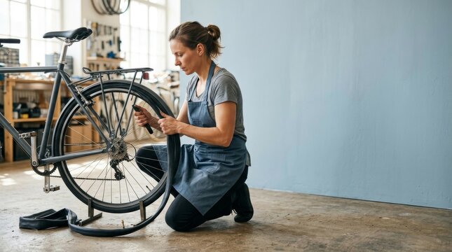 Repair and Reuse Supporting a Sustainable Recycling Economy, Woman in apron repairing bicycle wheel in bright, organized workshop with tools and parts.