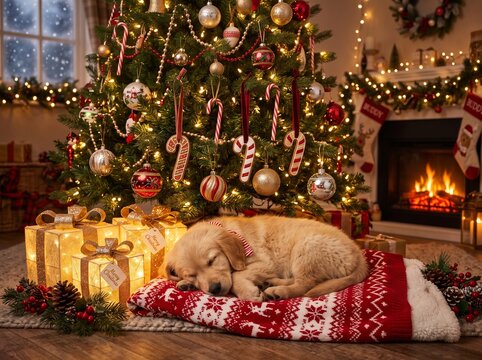 a cute golden retriever puppy sleeping on a red stocking under a decorated christmas tree