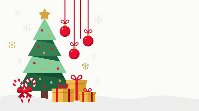 a flat vector illustration of a christmas tree with gifts hanging ornaments and copy space