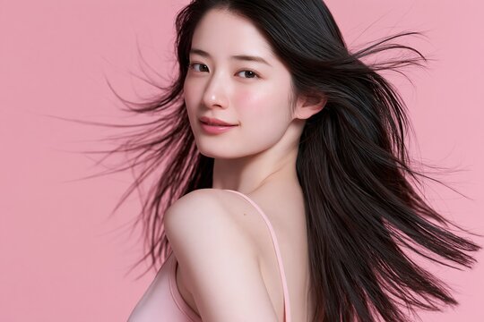 風になびく美しい黒髪と澄んだ肌を持つ若い女性の笑顔