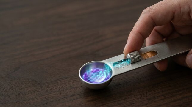 Person holding a metal object with a premium adjustable stainless-steel measuring spoon featuring a sliding volume selector