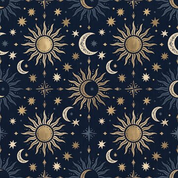 Celestial seamless pattern with golden suns moons and stars