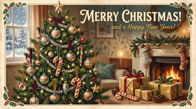 a vintage illustration of a cozy living room with a decorated christmas tree and fireplace