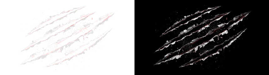 Halloween deep claw scratch marks with torn edges and bloody red streaks for horror overlays in PNG, Transparent and Black Background Versions © Tanay