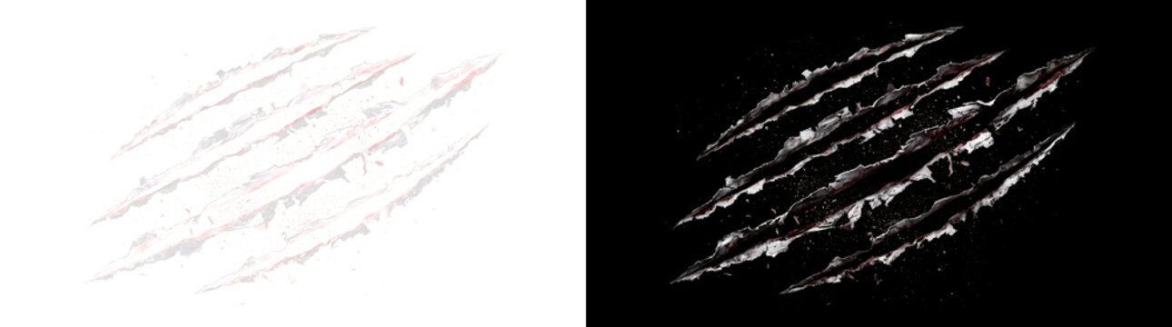 Halloween deep claw scratch marks with torn edges and bloody red streaks for horror overlays in PNG, Transparent and Black Background Versions