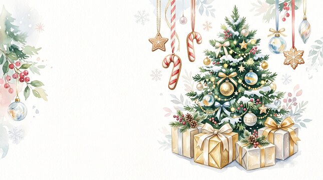 a watercolor illustration of a decorated christmas tree gifts hanging ornaments and winter foliage background