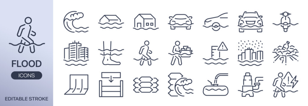 Flood line icon set. Includes tsunami, flooded house, flooded car, sandbag, water level warning, water pump, and more. Editable vector stroke.