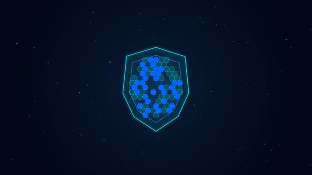 A seamless 3D digital security shield rotating on its vertical axis with pulsing hexagonal mesh and floating encrypted data streams in neon cyan and blue tones.