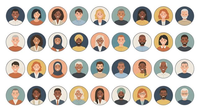 Set of diverse human avatars with various ethnicities and ages in a grid of colorful circles with colorful circular icons avatars with women different ages