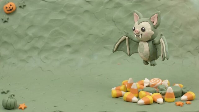 Claymation vampire bat flapping wings over candy corn with copy space