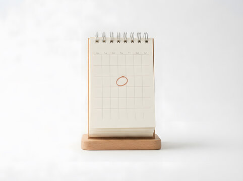 Minimalist wooden stand calendar with circled date on blank monthly planner page