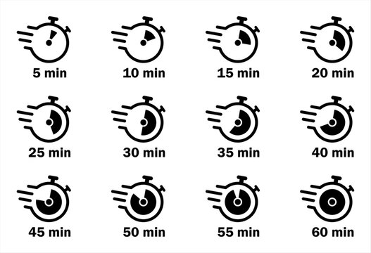 Stopwatch timer icon set showing 5 to 60 minute intervals for time tracking, productivity, scheduling, fitness, and business designs.