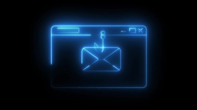 Neon Email Phishing Scam Icon Isolated on Black Background. Fishing hook stealing envelope from browser window