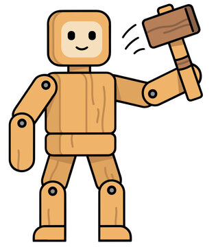 Cute Wooden Robot Holding Hammer Cartoon Vector Illustration