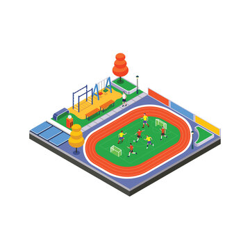 Urban Sports Playground with Running Track and Football Stadium Isometric