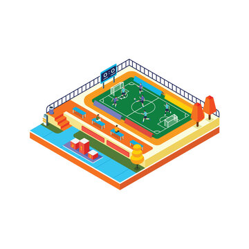 Isometric Football Stadium with Running Track, Spectator Stands and Scoreboard Design