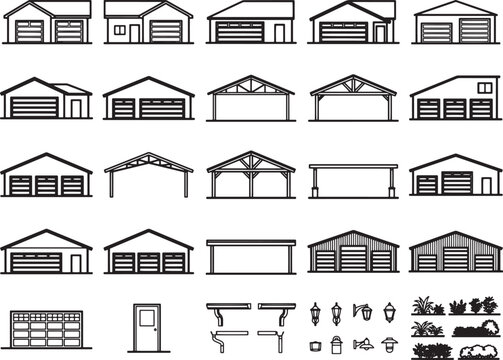 A collection of various garage and carport designs, building plans, and architectural elements rendered in a clean, graphic line art style, showcasing different roof structures, door types.